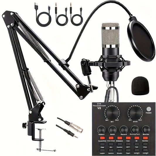 Podcast Equipment Kit, BM-800 Podcast Microphone Kit With V8 Sound Card, Condenser Studio Microphone For Laptop Vlog Live Streaming