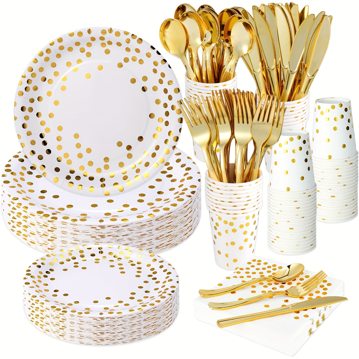 68pcs White And Golden Disposable Party Supplies Set, Golden Dot on White Paper Plates, Napkins, And Cups, for Wedding, Baby Shower, Birthday, Graduation, And General Use, Paper Material, No Power Required