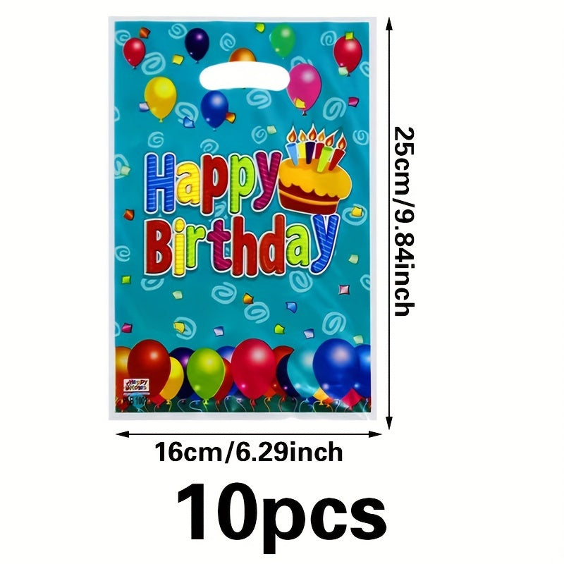 10pcs Happy Birthday Party Favor Bags - Colorful Print Plastic Gift Bags for Festive Celebrations, Perfect for Winter, New Year