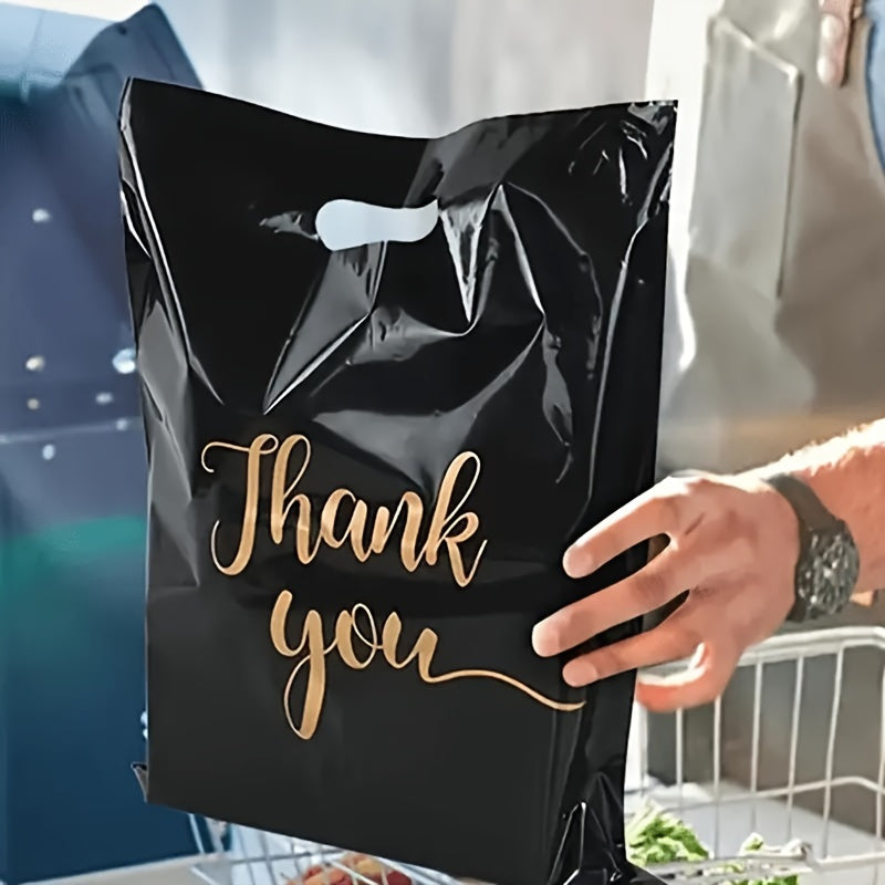 100-Pack Premium Black PE Thank You Bags - Reusable Water-Resistant Polyethylene Retail Shopping Bags with Die Cut Handles - Versatile Gift Bags Ideal for Boutiques, Parties, and Holiday Gifts