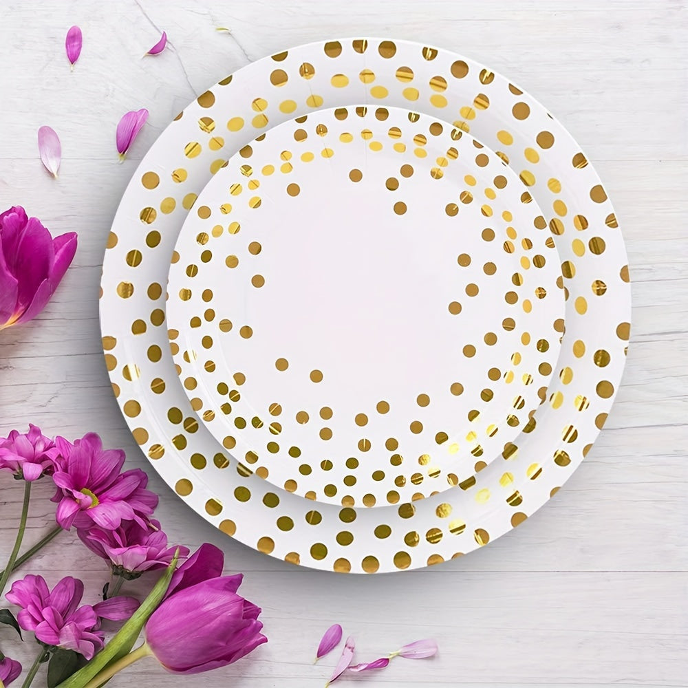 68pcs White And Golden Disposable Party Supplies Set, Golden Dot on White Paper Plates, Napkins, And Cups, for Wedding, Baby Shower, Birthday, Graduation, And General Use, Paper Material, No Power Required