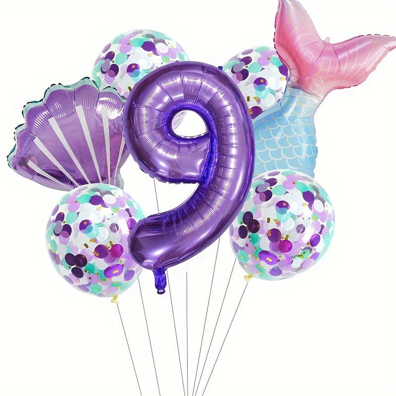 Mermaid Themed Birthday Balloon Set, 81.28 cm Purple Number Balloons, Princess Party Decor with Self-Sealing Mermaid Tail & Shell Balloons, Aluminum Film, Includes Curling Ribbon, Suitable for Birthday, Prom, Summer Party, Ph