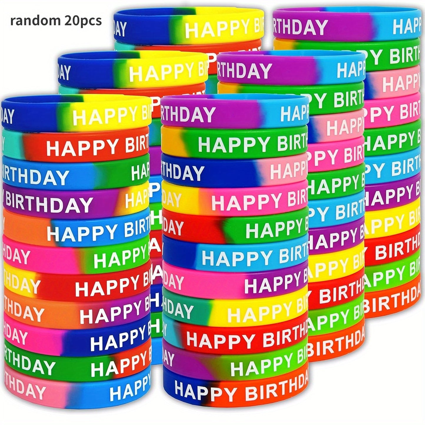 20pcs, Birthday Rubber Bracelets, Colored Birthday Wristbands For Birthday Party Favors, Stretch Birthday Rubber Wristbands For Birthday Party Supplies