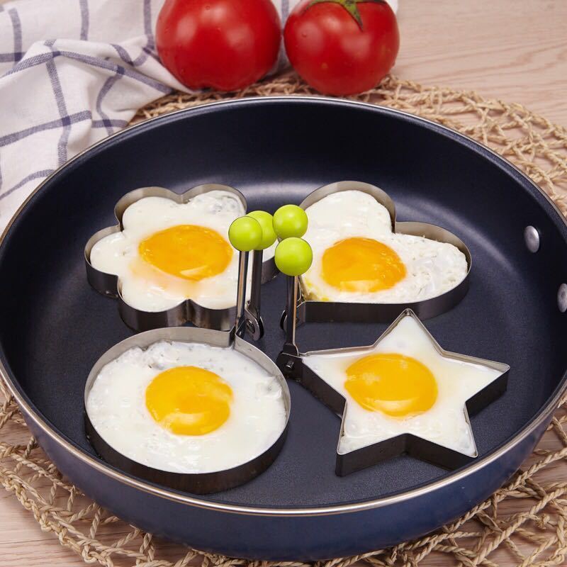 4pcs Stainless Steel Egg Mold Set - Heart, Star, Flower, Round Shapes - Metal Breakfast Shaping Tool Set for Home Cooking