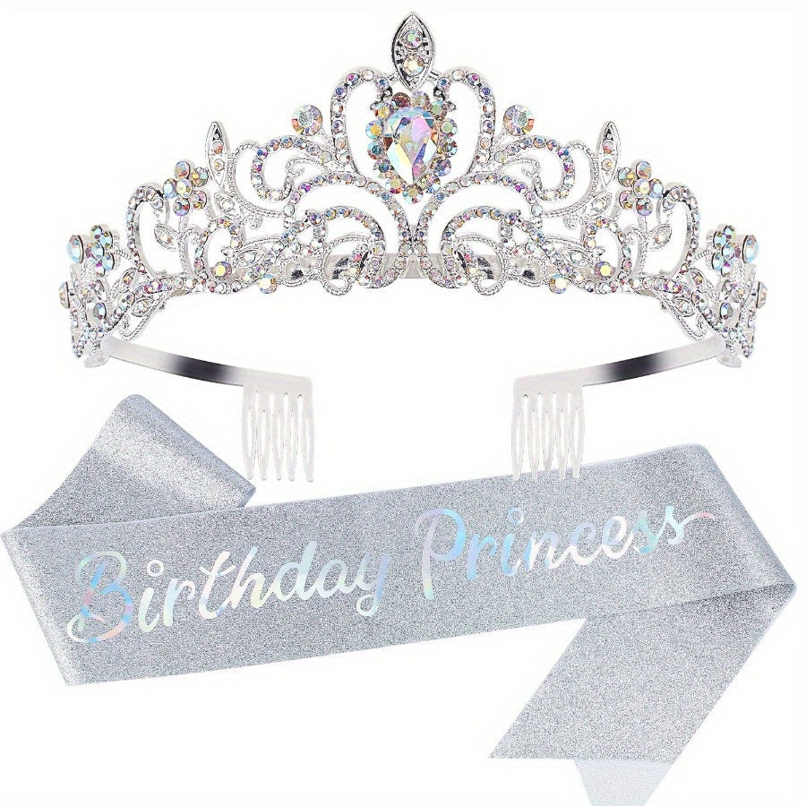 1SET Birthday Tiaras For Women, Princess Crown Tiara, Happy Birthday Crowns For Women, Birthday Crown For Girls Birthday Sash, Happy Birthday Decorations Ribbon Sash For Women, Birthday Accessories