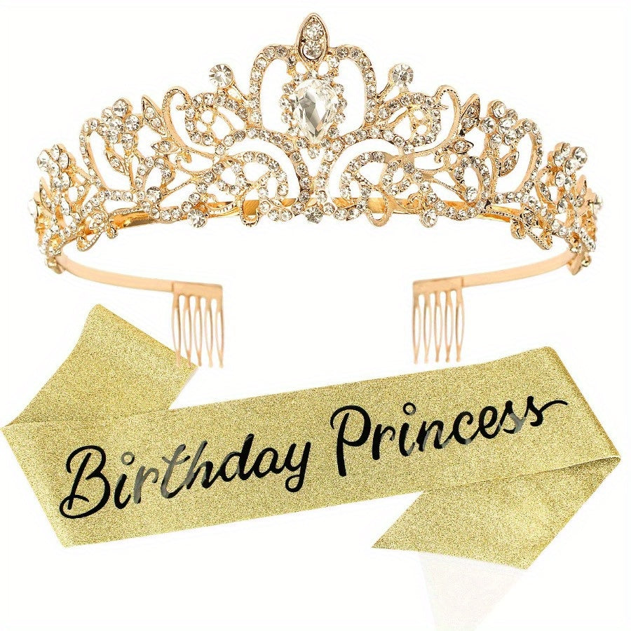 1SET Birthday Tiaras For Women, Princess Crown Tiara, Happy Birthday Crowns For Women, Birthday Crown For Girls Birthday Sash, Happy Birthday Decorations Ribbon Sash For Women, Birthday Accessories