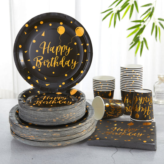 96pcs Birthday Party Supplies Set - Black & Golden Disposable Plates, Napkins, Cups - Perfect for Celebrations & Decorations