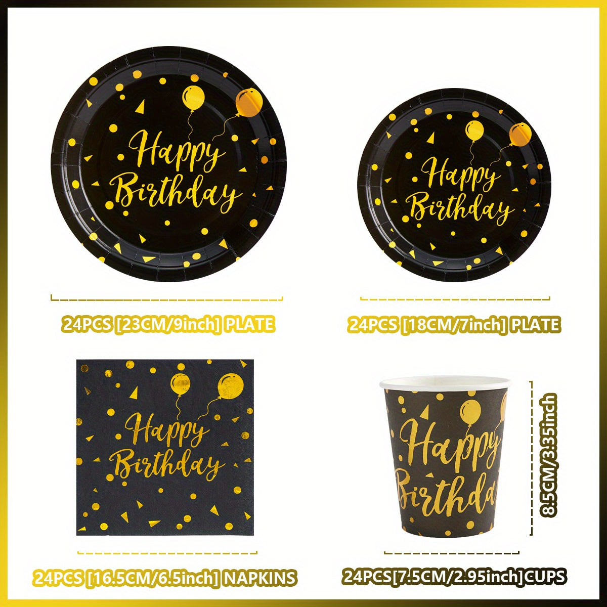 96pcs Birthday Party Supplies Set - Black & Golden Disposable Plates, Napkins, Cups - Perfect for Celebrations & Decorations