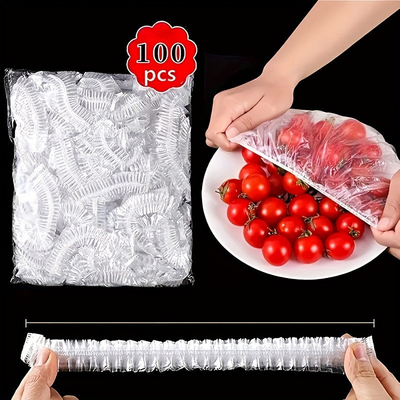 100pcs Disposable Elastic Food Storage Covers, Fresh-Keeping Plastic Bowl Wrap, Universal Stretchable Kitchen Packaging Covers for Food Contact, Picnic & Camping Supplies