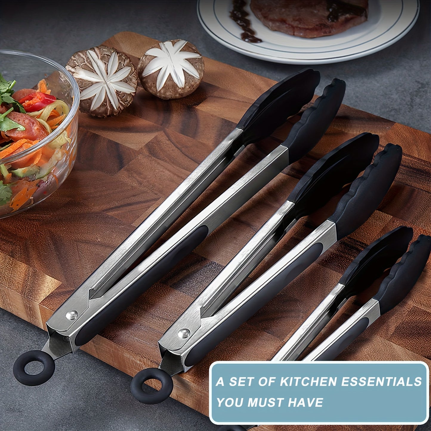 1pc Heavy Duty Stainless Steel Cooking Tongs with Silicone Tips, High Heat Resistant, Locking, Great Grips - Available in 7, 9, 30.48 cm, Black