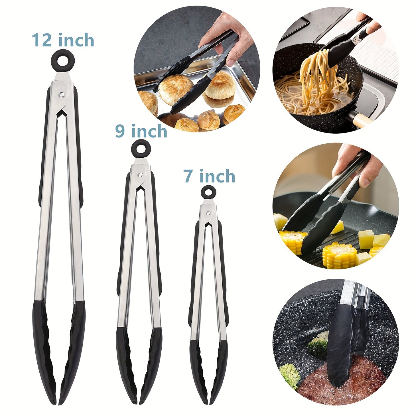 1pc Heavy Duty Stainless Steel Cooking Tongs with Silicone Tips, High Heat Resistant, Locking, Great Grips - Available in 7, 9, 30.48 cm, Black