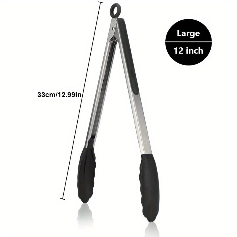 1pc Heavy Duty Stainless Steel Cooking Tongs with Silicone Tips, High Heat Resistant, Locking, Great Grips - Available in 7, 9, 30.48 cm, Black