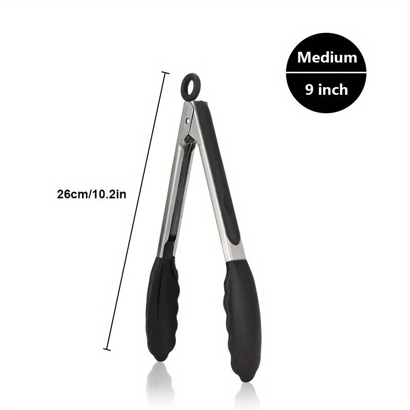 1pc Heavy Duty Stainless Steel Cooking Tongs with Silicone Tips, High Heat Resistant, Locking, Great Grips - Available in 7, 9, 30.48 cm, Black