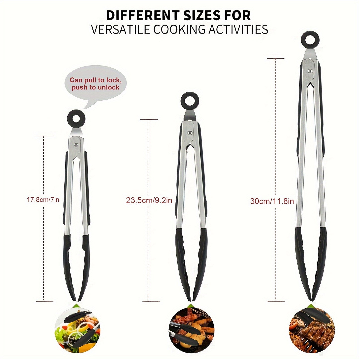 1pc Heavy Duty Stainless Steel Cooking Tongs with Silicone Tips, High Heat Resistant, Locking, Great Grips - Available in 7, 9, 30.48 cm, Black