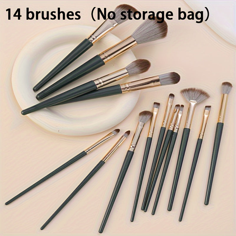 Luxurious 14pcs Makeup Brush Set - Plush, Green Professional Brushes for Full Face & Eye Detailing - Ideal for Foundation, Contouring & Blending