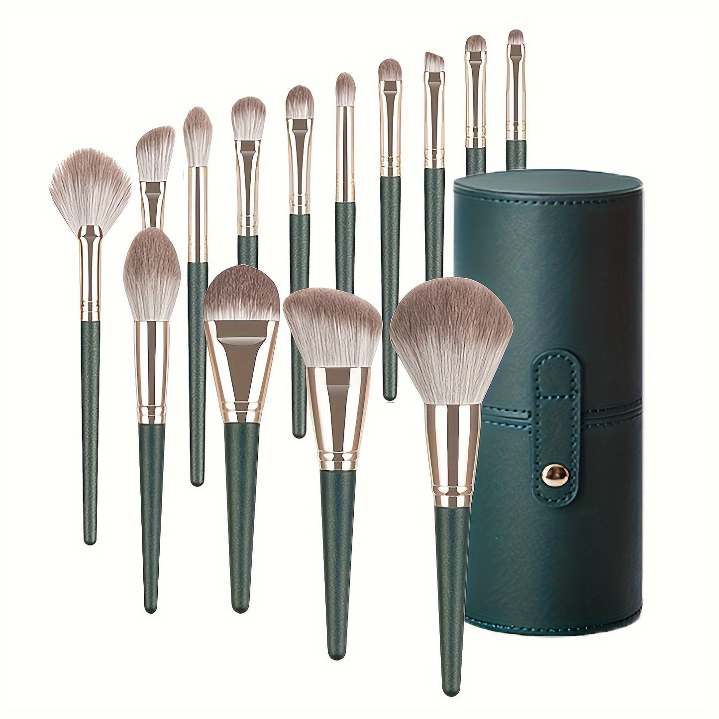 Luxurious 14pcs Makeup Brush Set - Plush, Green Professional Brushes for Full Face & Eye Detailing - Ideal for Foundation, Contouring & Blending