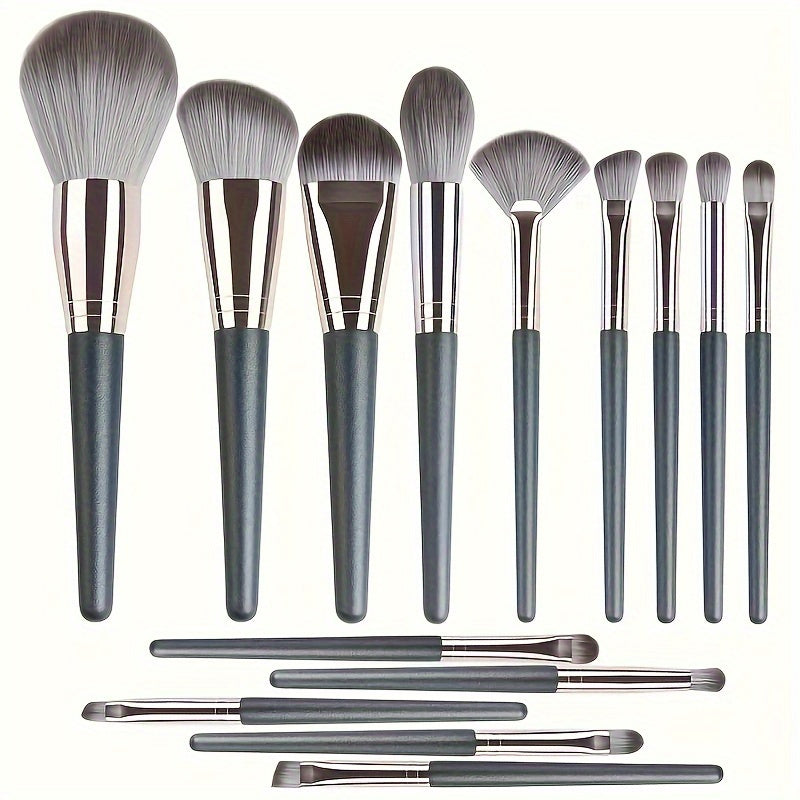 Luxurious 14pcs Makeup Brush Set - Plush, Green Professional Brushes for Full Face & Eye Detailing - Ideal for Foundation, Contouring & Blending