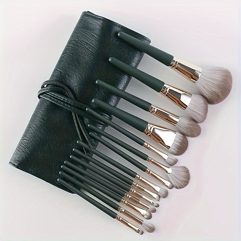 Luxurious 14pcs Makeup Brush Set - Plush, Green Professional Brushes for Full Face & Eye Detailing - Ideal for Foundation, Contouring & Blending