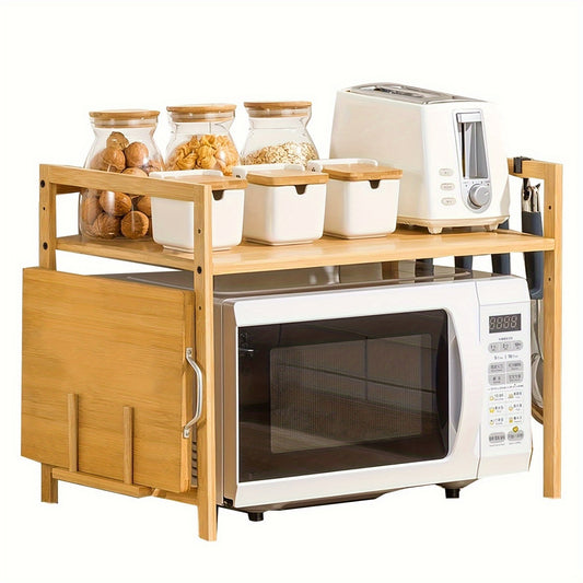 Bamboo Microwave Stand with Spice Rack - Polished Finish, Multi-Purpose Kitchen Organizer for Oven & Seasonings Storage