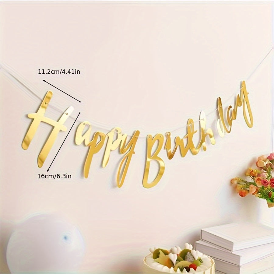 Golden Happy Birthday Letter Garland, Paper Party Banner for Home & Kitchen, Holiday Wall Decor, No Power Needed, Room Decoration for Birthday Celebrations