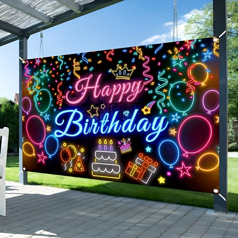 1Pc Neon Glow Happy Birthday Banner, Polyester Party Decoration Backdrop, Vibrant Balloon and Neon Light Design, Ideal for Birthday Celebration, Wedding & Bridal Shower – Power-Free Festive Decor