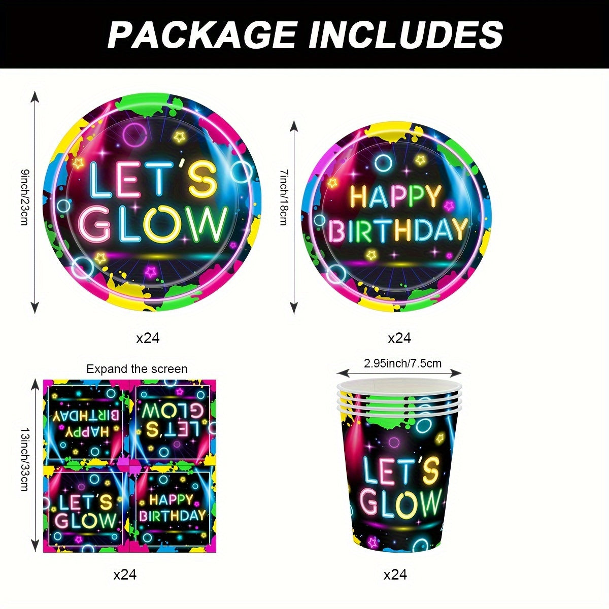 Glow-in-the-Dark Party Supplies Set - Disposable Paper Plates, Cups & Napkins for Birthdays & Themed Events