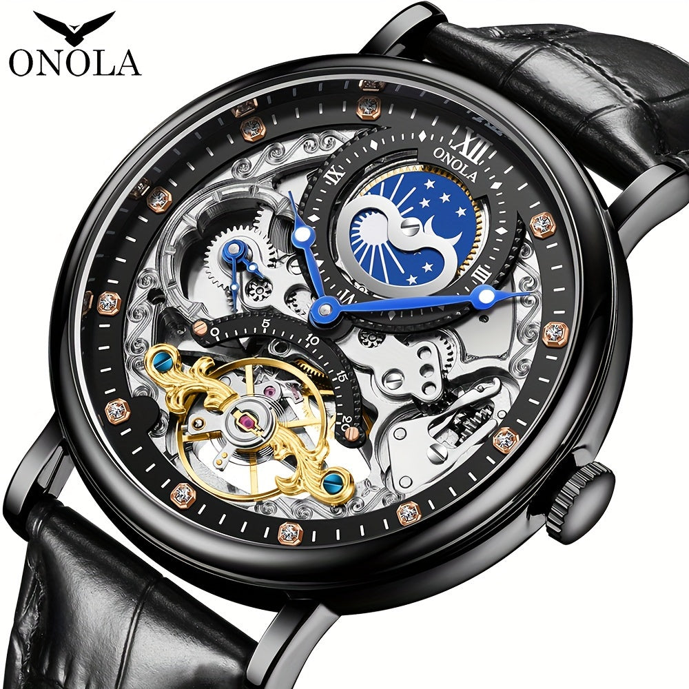 ONOLA Men's Luxury Tourbillon Watch - Double-Sided, Luminous Rhinestone, Waterproof with Faux Leather Strap, Automatic Mechanical Movement