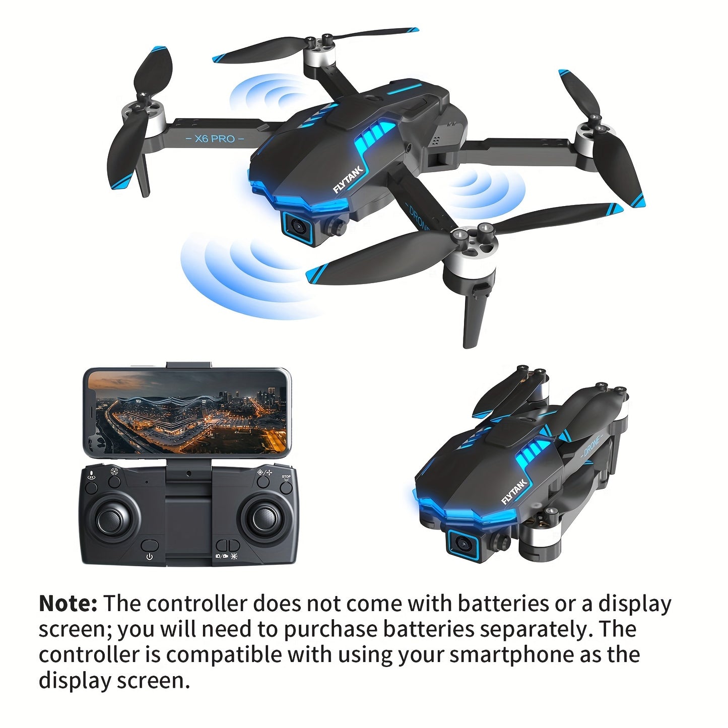 FLYTANK X6 PRO Dual Camera Drone, Brushless Motors, Optical Flow Positioning, Obstacle Avoidance, Wi-Fi, Infrared Sensor, 720p Video, Beginner Friendly, with 30m Max Flight Altitude, 9m/s Speed, 133g Takeoff Weight, 70m Contr