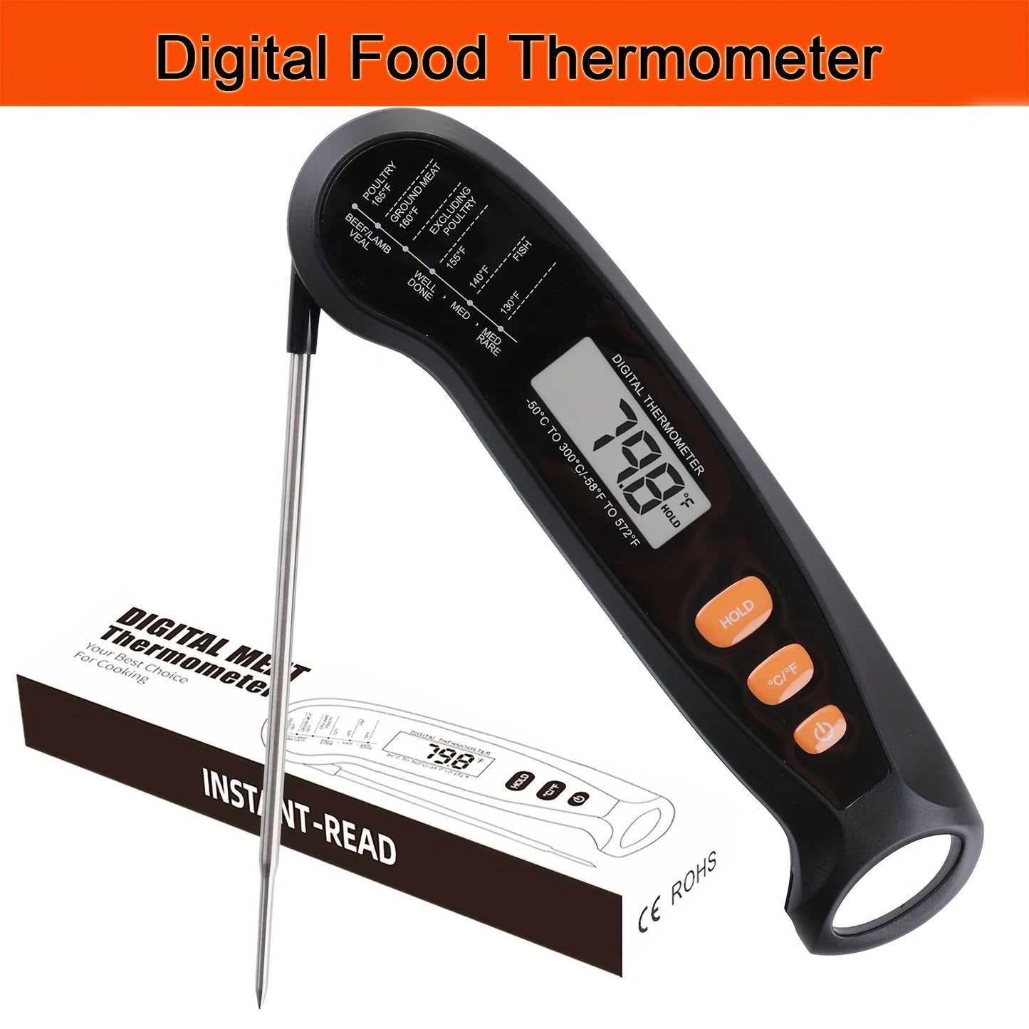 1pc Digital Kitchen Food Thermometer, Fast and Accurate Temperature Measurement, Foldable Design for Easy Storage, Metal Probe, Digital Display, Single Use, Suitable for Food Contact, Requires 1 AAA Battery (Not Included)