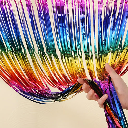 1pc 198.88cm x 98.81cm Iridescent Foil Fringe Curtain, Colorful Gradient Mirror Party Streamers, Plastic Tassel Backdrop for Birthday, Wedding, Graduation, Indoor Wall Decor with Adhesive Strip