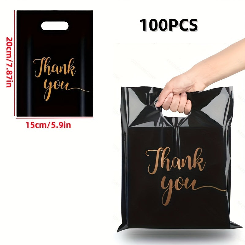 100-Pack Premium Black PE Thank You Bags - Reusable Water-Resistant Polyethylene Retail Shopping Bags with Die Cut Handles - Versatile Gift Bags Ideal for Boutiques, Parties, and Holiday Gifts