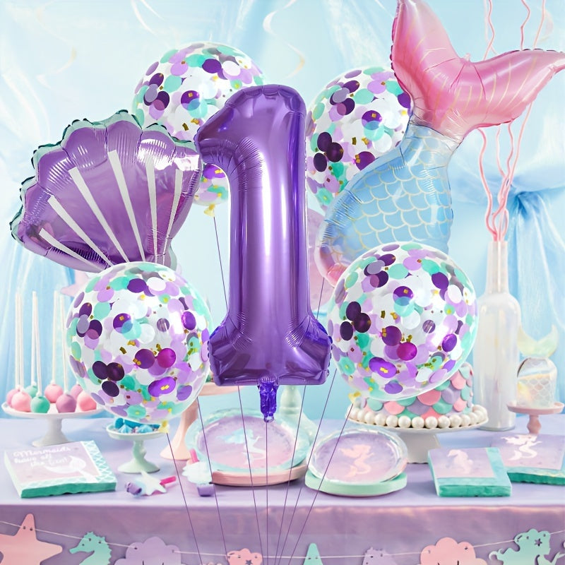 Mermaid Themed Birthday Balloon Set, 81.28 cm Purple Number Balloons, Princess Party Decor with Self-Sealing Mermaid Tail & Shell Balloons, Aluminum Film, Includes Curling Ribbon, Suitable for Birthday, Prom, Summer Party, Ph