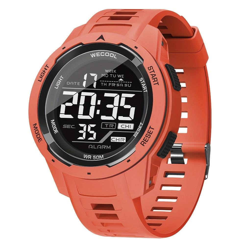 WECOOL Men'S Sports Digital Watch with Chronograph, LED Luminous, Calendar, Alarm, 50m Water Resistant, Round Plastic Case, TPU Strap, Electronic Movement, Battery Powered