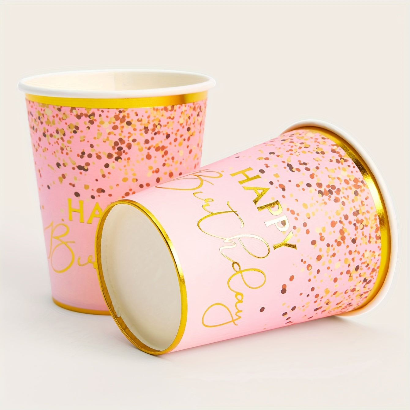 9oz Happy Birthday Paper Cup, Light Pink Golden Foil Happy Birthday Disposable Paper Cup, Party Cup Elegant Metallic Golden Foil Suitable for Birthday Party, Dinner, Celebration Party Supplies Decorative Party Paper Cup