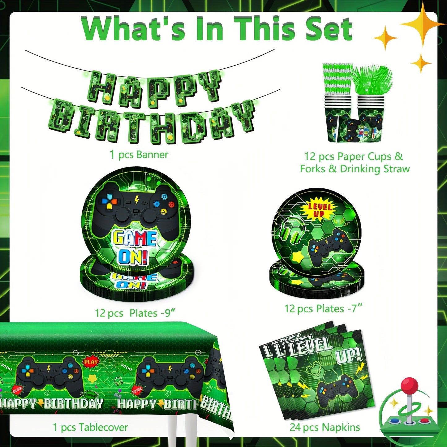 98pcs, Paper Green Video Game Theme Birthday Party Flag Cutlery Set, Includes Game Birthday Flag Banner, Dinner Plates Napkins Cups Straws Forks Tablecloth Supplies, Suitable for Game Theme Birthday Party Cutlery Set