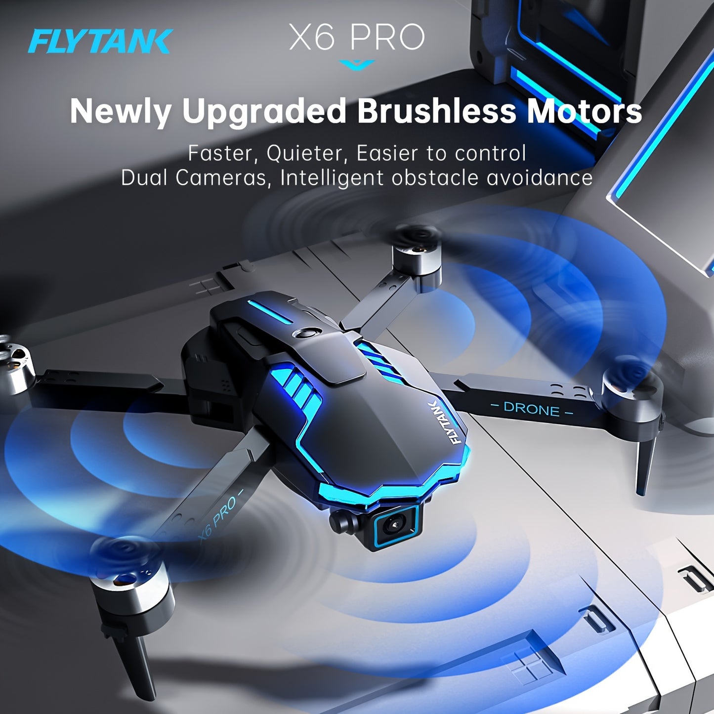 FLYTANK X6 PRO Foldable Drone with Brushless Motors, Dual 720p Cameras, Obstacle Avoidance, Wi-Fi, Infrared Sensor, 750mAh Battery, 30m Max Altitude, 9m/s Speed, 133g Max Takeoff Weight, Includes Carrying Bag - Outdoor Beginn