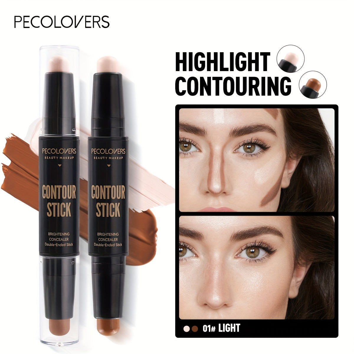 PECOLOVERS Highlight Contour Stick Duo - Nature Finish, Water Resistant, All Skin Tones, Under 1 Fl Oz Multi-Use Contouring & Bronzing Pencil, Cream Formula for Enhanced Coverage, Stick Form