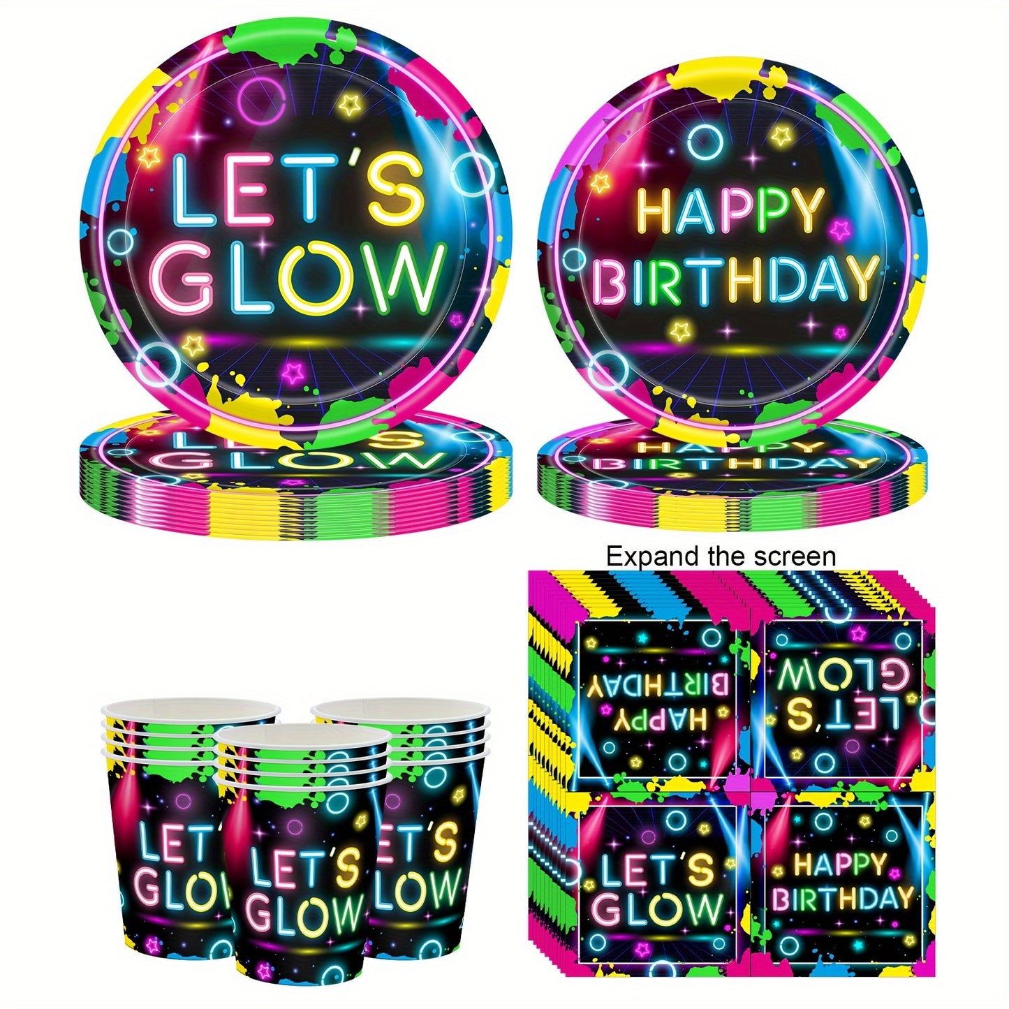 Glow-in-the-Dark Party Supplies Set - Disposable Paper Plates, Cups & Napkins for Birthdays & Themed Events