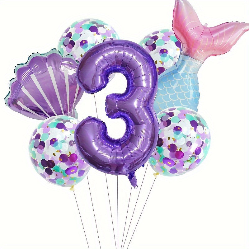 Mermaid Themed Birthday Balloon Set, 81.28 cm Purple Number Balloons, Princess Party Decor with Self-Sealing Mermaid Tail & Shell Balloons, Aluminum Film, Includes Curling Ribbon, Suitable for Birthday, Prom, Summer Party, Ph