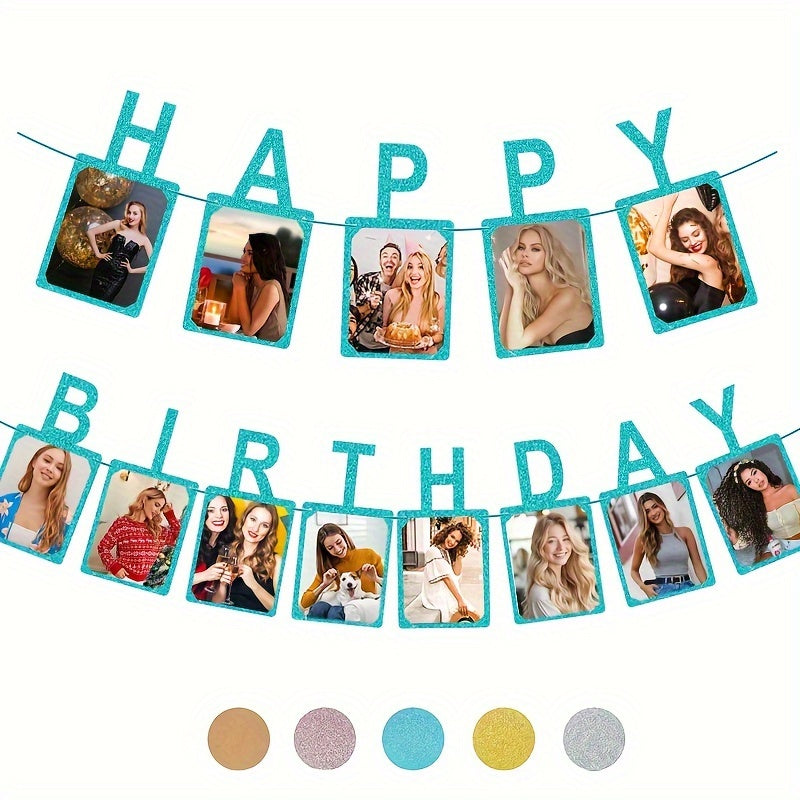 Decorative Birthday Photo Banner, Birthday Party Flag, Photo Wall Decorations, HAPPY BIRTHDAY Banner With String