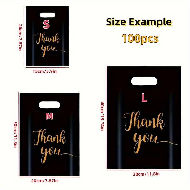 100-Pack Premium Black PE Thank You Bags - Reusable Water-Resistant Polyethylene Retail Shopping Bags with Die Cut Handles - Versatile Gift Bags Ideal for Boutiques, Parties, and Holiday Gifts