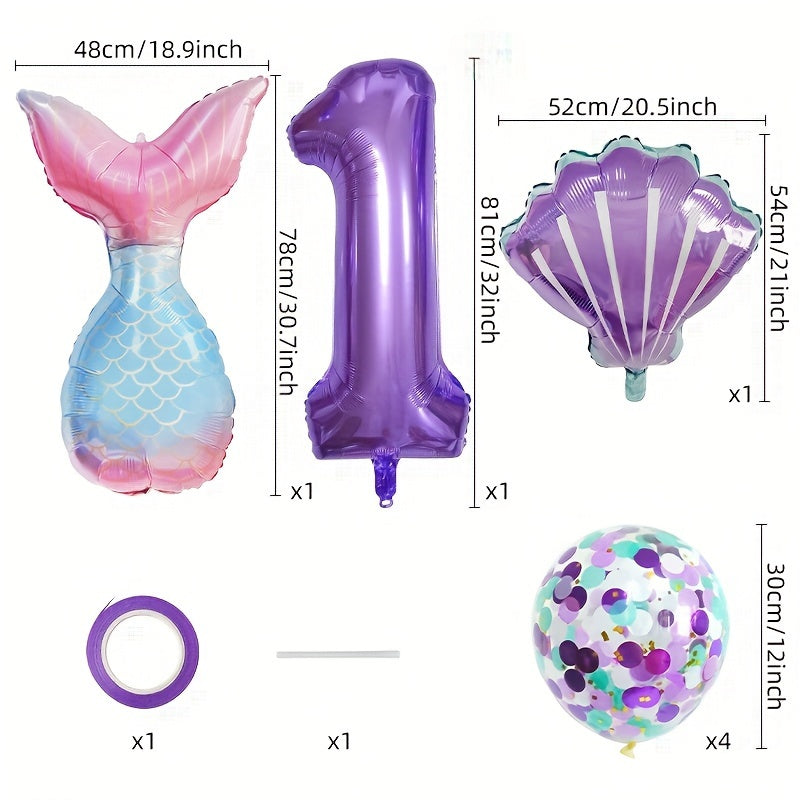 Mermaid Themed Birthday Balloon Set, 81.28 cm Purple Number Balloons, Princess Party Decor with Self-Sealing Mermaid Tail & Shell Balloons, Aluminum Film, Includes Curling Ribbon, Suitable for Birthday, Prom, Summer Party, Ph