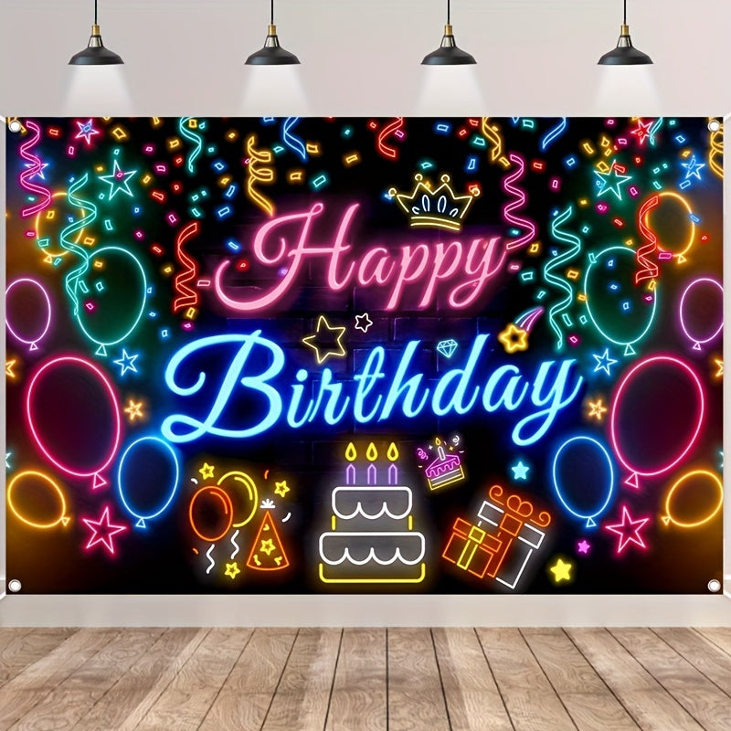 1Pc Neon Glow Happy Birthday Banner, Polyester Party Decoration Backdrop, Vibrant Balloon and Neon Light Design, Ideal for Birthday Celebration, Wedding & Bridal Shower – Power-Free Festive Decor