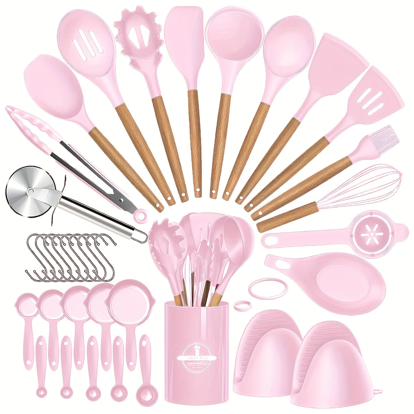 36pcs, Silicone Kitchen Utensil Set with Wooden Handles, Heat-Resistant Non-Stick Cooking And Baking Tools for Home Kitchen