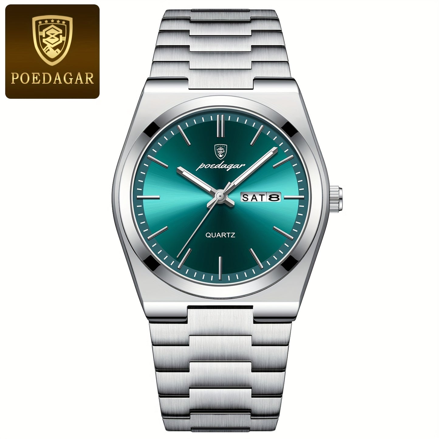 POEDAGAR Men's Luxury Stainless Steel Quartz Watch, Luminous with Calendar Feature, Business & Casual Style