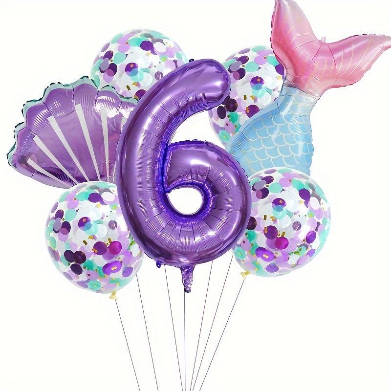 Mermaid Themed Birthday Balloon Set, 81.28 cm Purple Number Balloons, Princess Party Decor with Self-Sealing Mermaid Tail & Shell Balloons, Aluminum Film, Includes Curling Ribbon, Suitable for Birthday, Prom, Summer Party, Ph