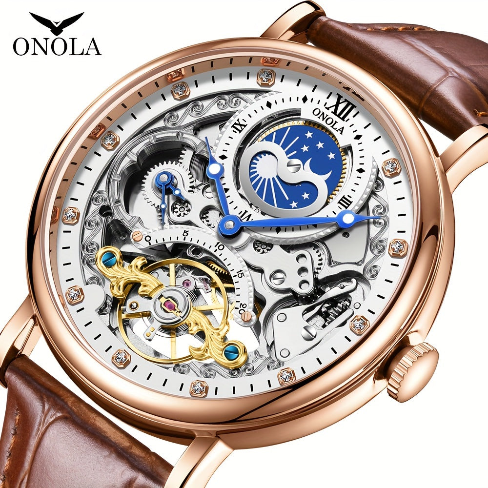 ONOLA Men's Luxury Tourbillon Watch - Double-Sided, Luminous Rhinestone, Waterproof with Faux Leather Strap, Automatic Mechanical Movement