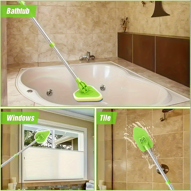 1 Set Long Handle Shower Cleaning Scrub Brush, 2-in-1 Extendable Scrub Brush for Bathtub and Tile Floor, with 3 Sponge Brush Heads and 1 Hard Brush, for Bathroom, Toilet, Bathtub, Kitchen Wall and Window, Cleaning Supplies, C