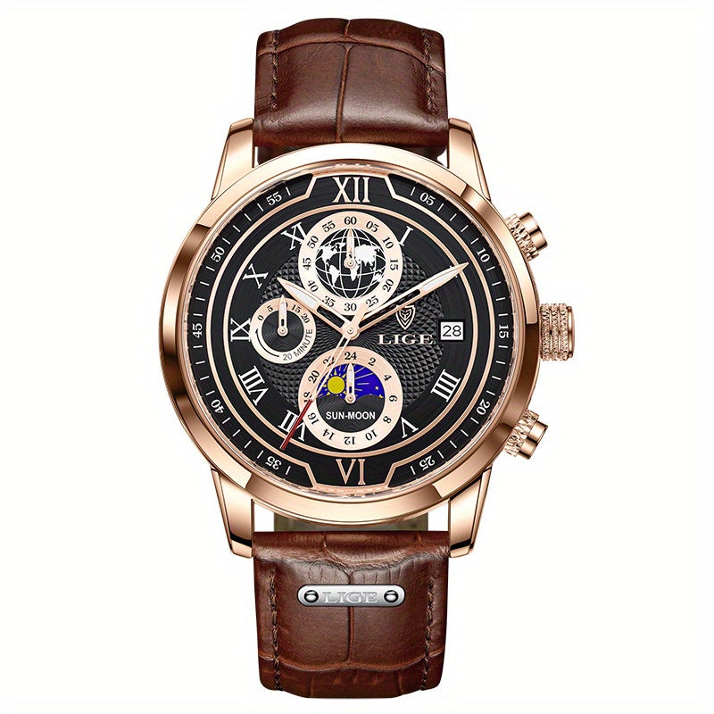 LIGE High-grade Men's Quartz Watch Men's Business Clock Multi-function Chronograph Watch 30m Life Lunar Phase Calendar Clock, Ideal choice for Gifts