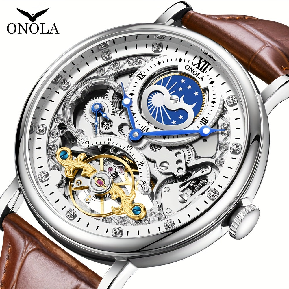 ONOLA Men's Luxury Tourbillon Watch - Double-Sided, Luminous Rhinestone, Waterproof with Faux Leather Strap, Automatic Mechanical Movement